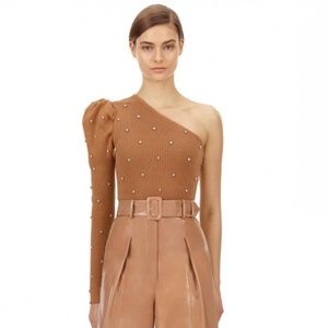 Self Portrait Caramel Diamante Knit One Shoulder Top - M